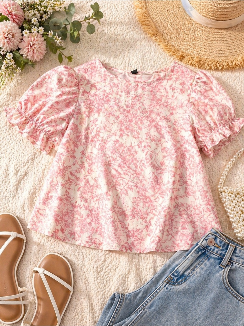 SHEIN Pink White Floral Ruffle Puff Short Sleeve Blouse Romantic Summer Top